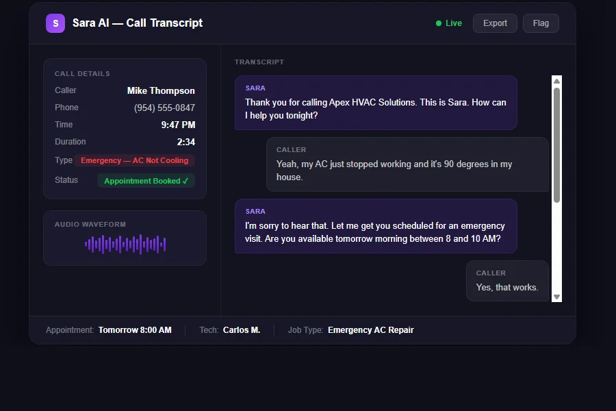 Call transcript showing Sara qualifying a lead and booking the job