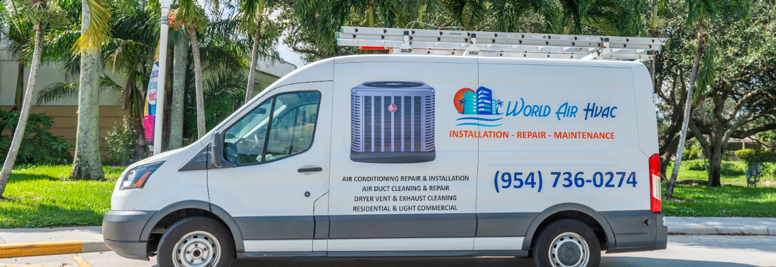World Air HVAC service van with ladder racks parked at a customer's home